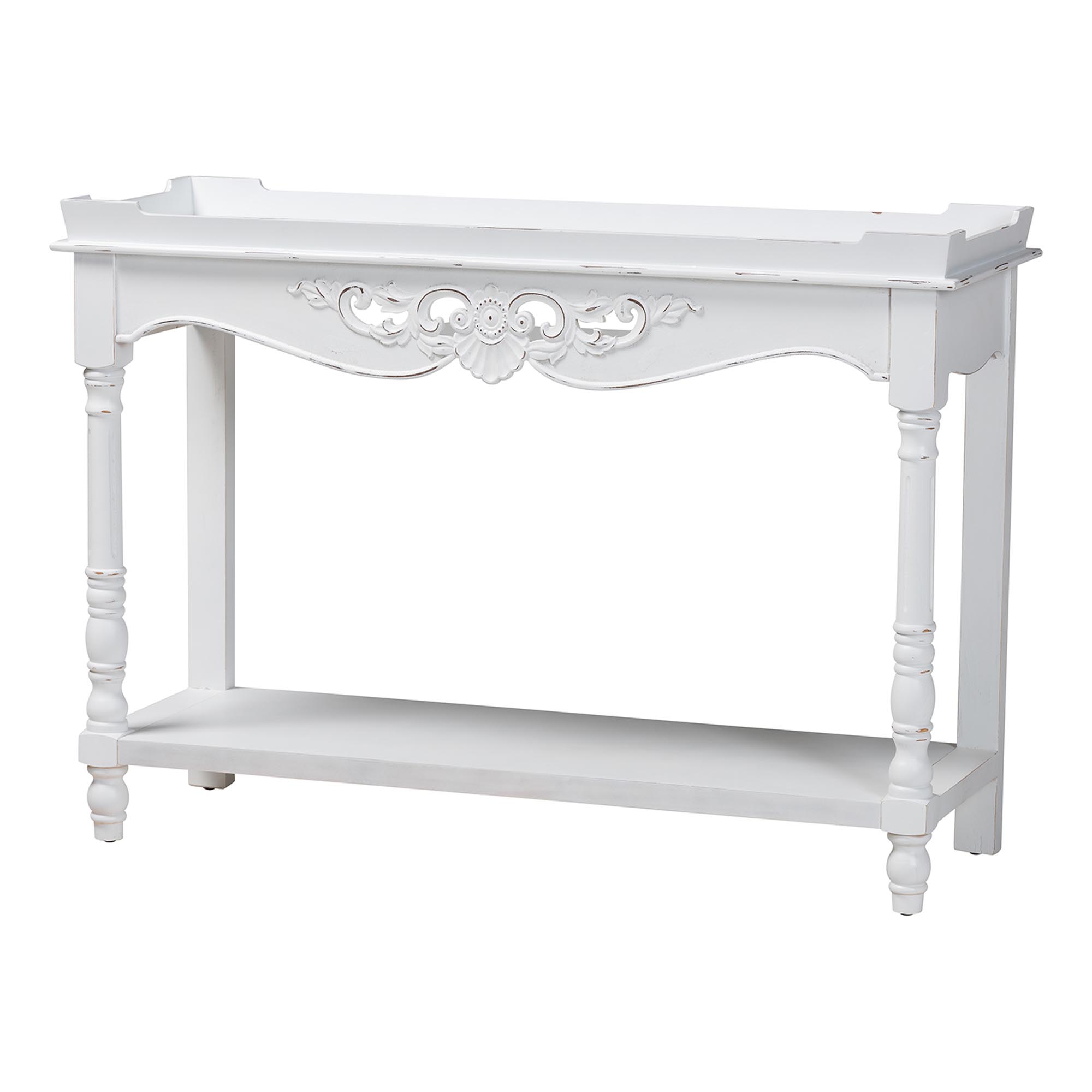 Baxton Studio Rafferty Distressed Console Table - Vintage-Inspired White Accent Table with Ornate Carved Apron and Lower Shelf, Classic Entryway or Sofa Table Affordable modern furniture in Chicago, classic living room furniture, modern console table, cheap console table